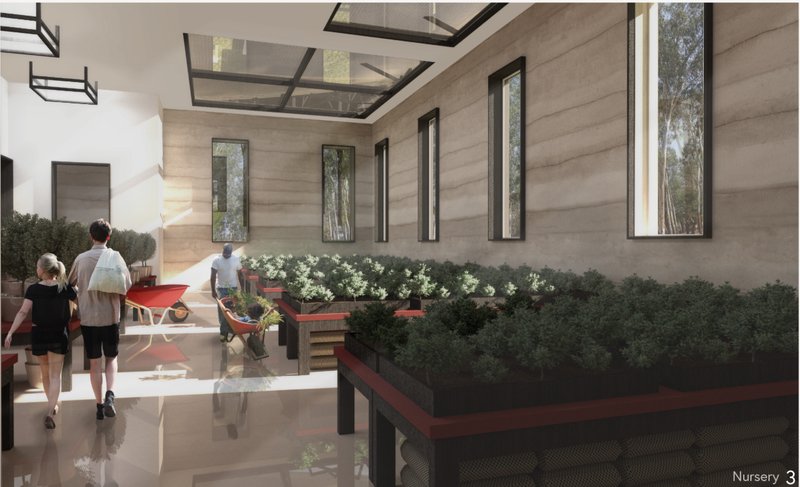 Nursery spaces support koala rehabilitation and eucalyptus regeneration through sustainable architectural design.