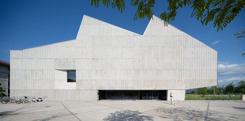 Ribbed concrete facade with angular roofline and horizontal entrance slot beneath tree branches