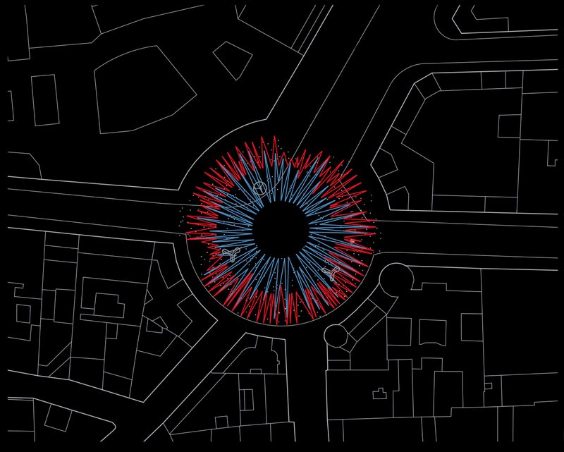 Site plan drawing showing radial light installation within a circular plaza surrounded by urban blocks and streets