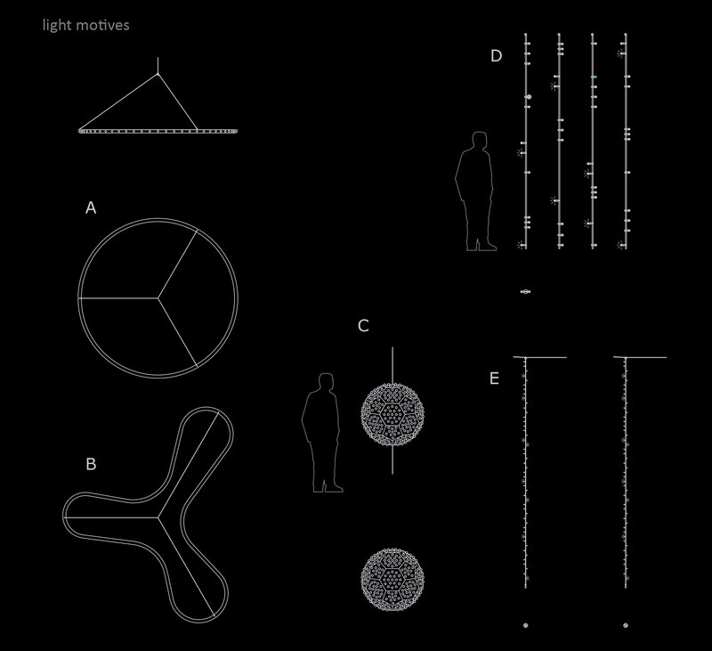 Technical diagram showing light element types including radial tubes, spherical pendants, and vertical strand assemblies with human scale figures