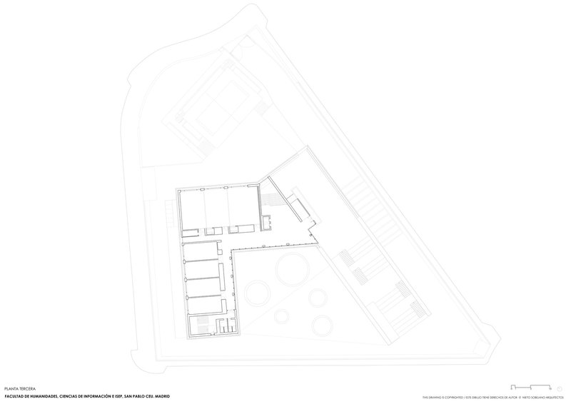 Third floor plan drawing showing two angled wings flanking a triangular courtyard space