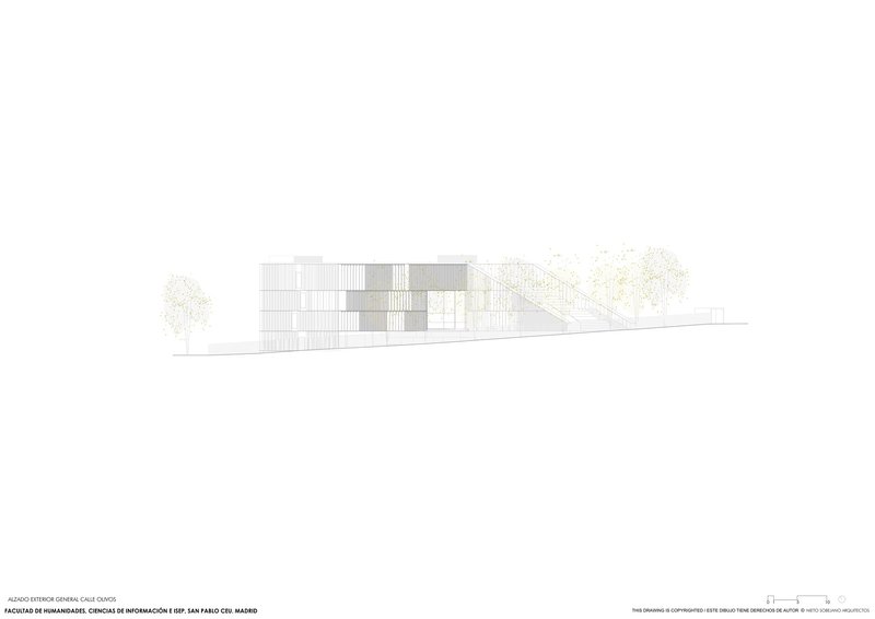 Elevation drawing showing horizontal volumes with louvered facade along a sloping grade with trees