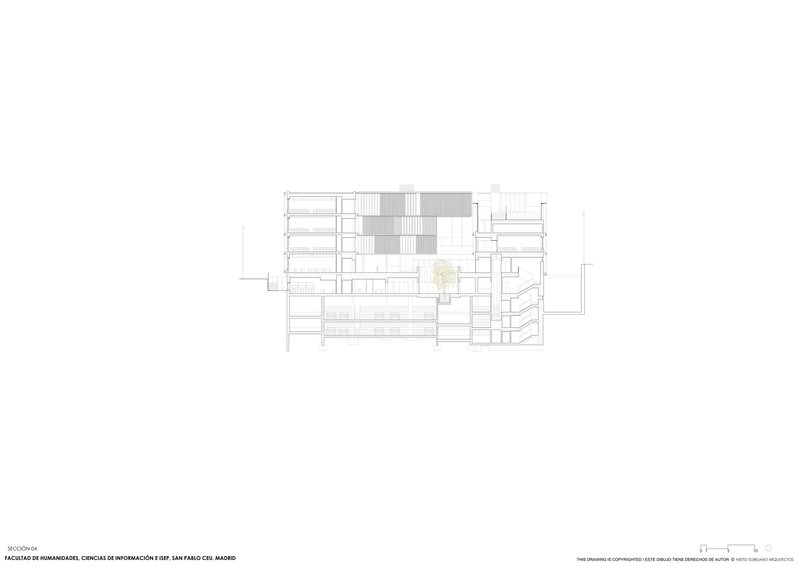 Section drawing displaying stacked floors with courtyards and a tree planted at the upper level