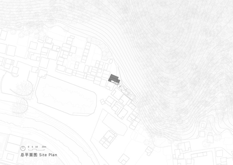 Site plan drawing showing a building nestled among neighboring structures and contoured hillside terrain