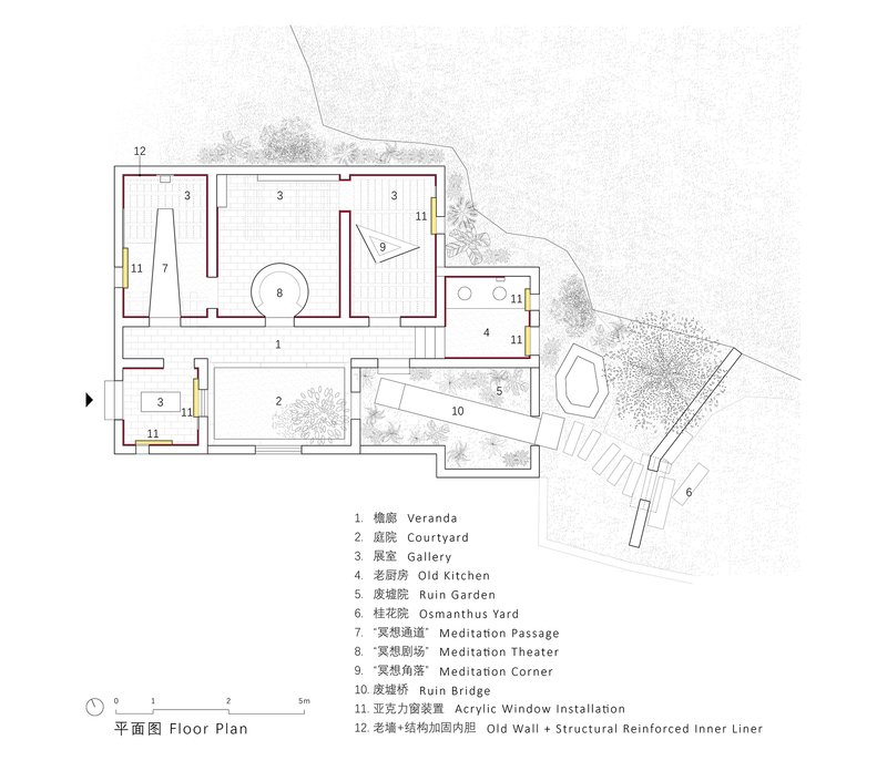 Floor plan drawing depicting interconnected rooms and courtyards with integrated planting areas and labeled spaces