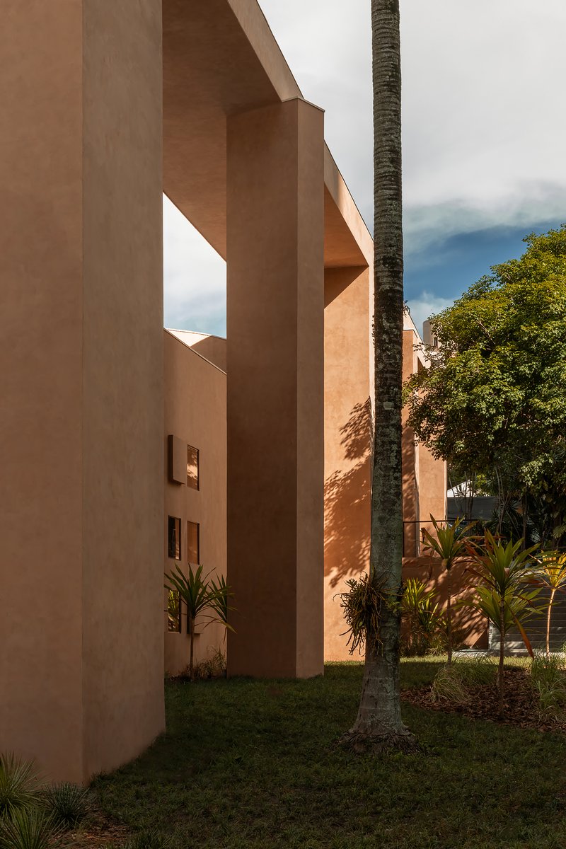 Terracotta facade with recessed window openings beside a palm trunk and lawn in afternoon light