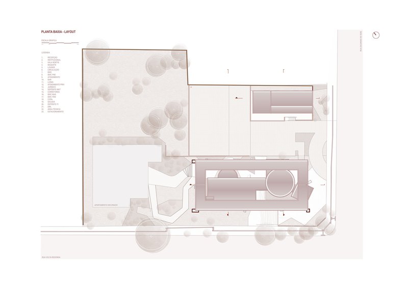Ground floor plan drawing showing a pool, terraces, and tree canopies in muted tones