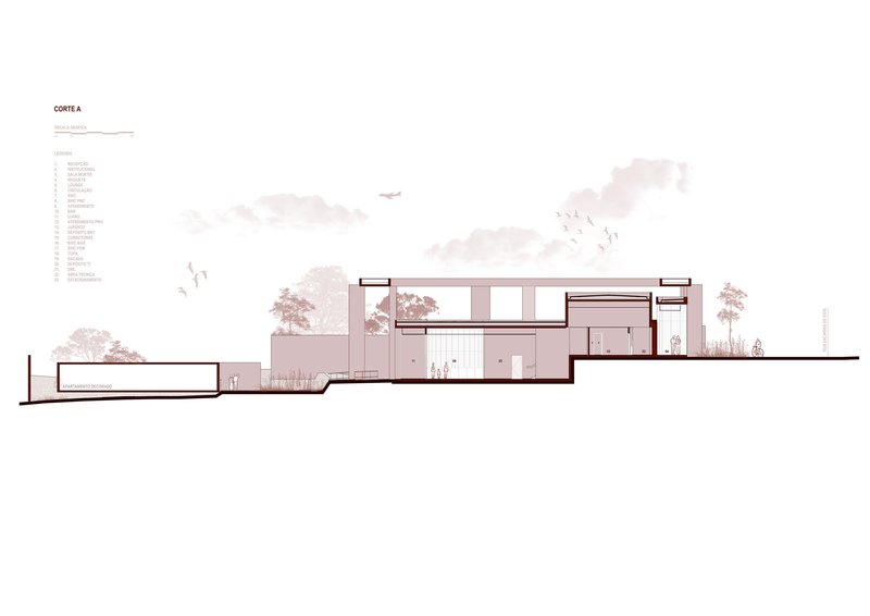 Section drawing showing split-level volumes, a pool, and landscaped trees in the background