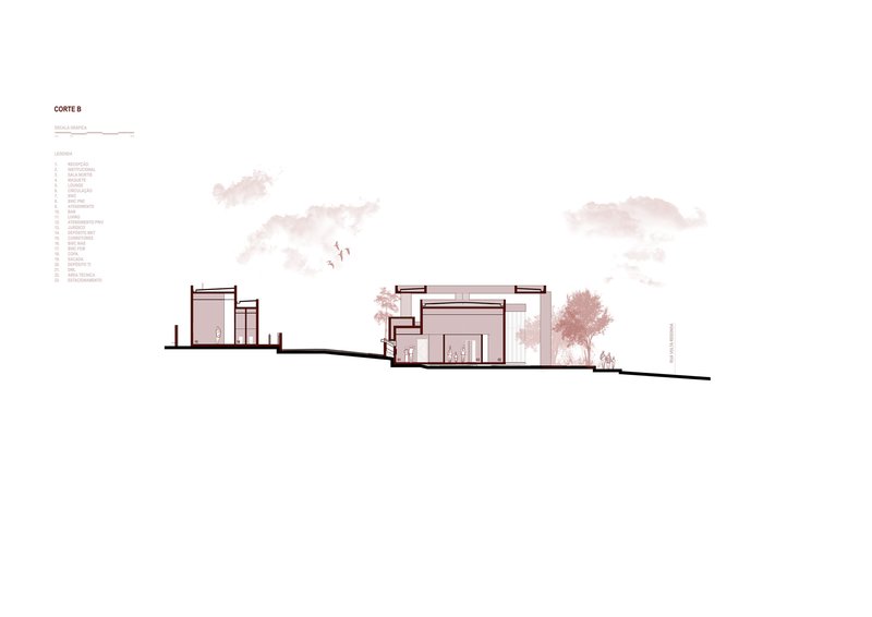 Section drawing revealing staggered roof planes, interior spaces, and surrounding tree silhouettes