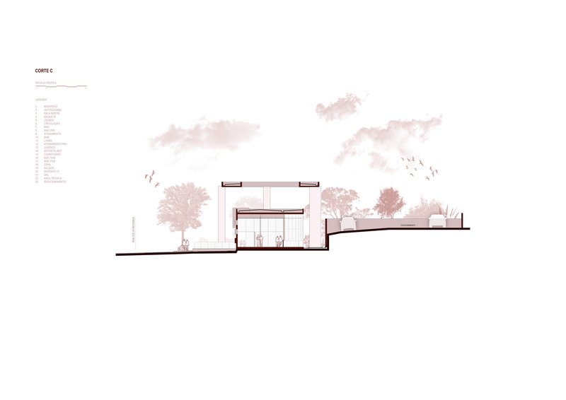 Section drawing showing split-level volumes with figures and surrounding trees in a landscape