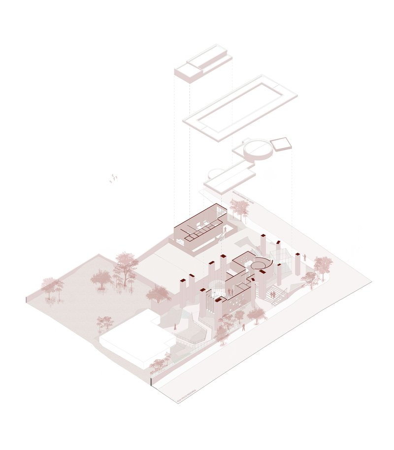 Exploded axonometric drawing depicting layered volumes with roofs and courtyards surrounded by trees