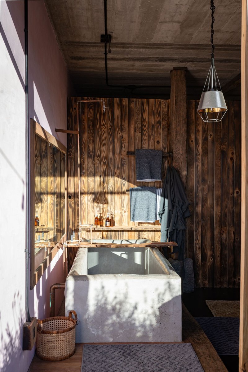 Bathroom with freestanding white tub against timber paneling receiving dappled sunlight through a window