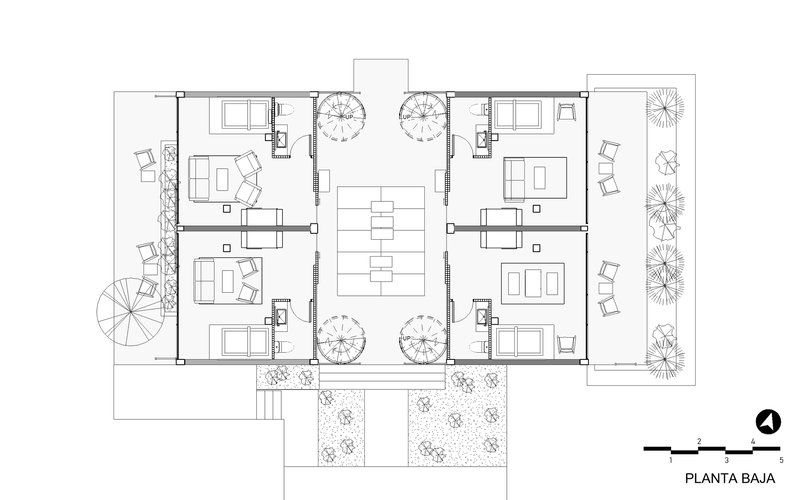 Ground floor plan drawing showing four corner rooms arranged around a central courtyard with planted areas