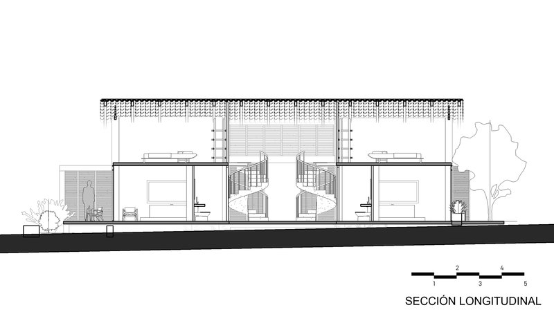 Longitudinal section drawing showing symmetrical volumes flanking a central double-height space with slatted roof overhead