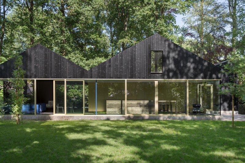 Rear facade showing full-height glazing below undulating gabled roofline in afternoon shadow