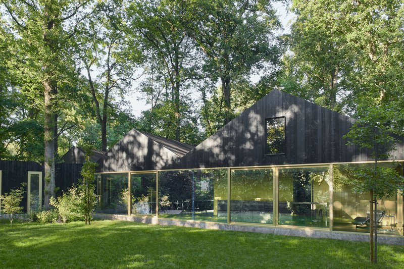 Black timber-clad gabled volumes behind a glazed ground floor terrace dappled with tree shadow