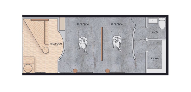 Floor plan drawing showing reception area and two treatment stations with bathroom and storage