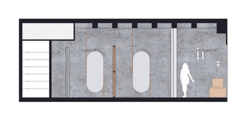 Section drawing illustrating two oval pools with dividing partition and figure for scale