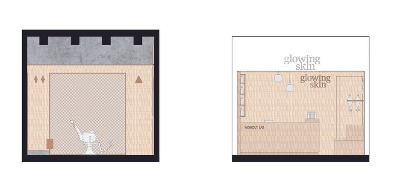 Two floor plan drawings showing room layouts with tiled areas and equipment placement