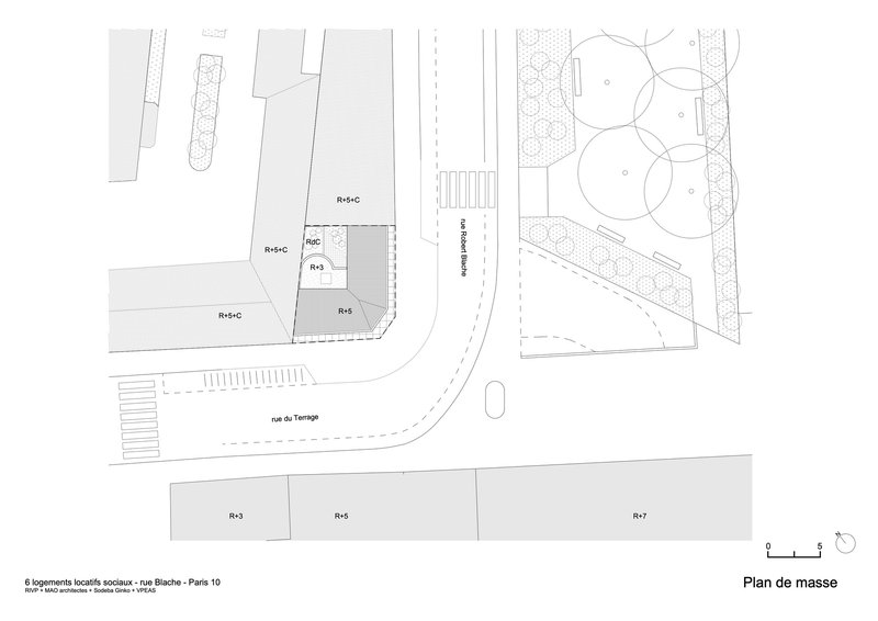 Site plan drawing showing building footprints between a street and a park with circular tree canopies