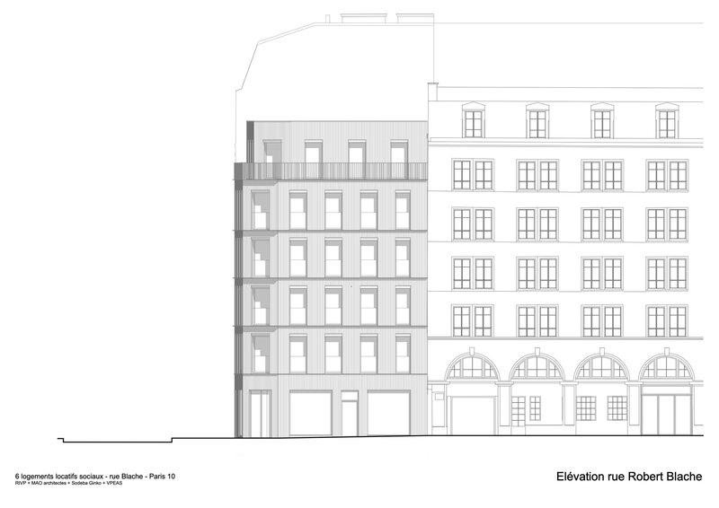 Elevation drawing depicting a five-storey infill building next to a classical facade with arched ground floor openings