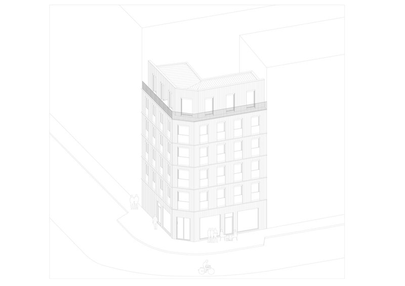 Axonometric line drawing of a six-storey building with a rooftop terrace situated at a street corner