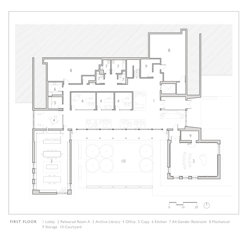 First floor plan drawing showing lobby, offices, archive library, courtyard and rehearsal rooms around central space