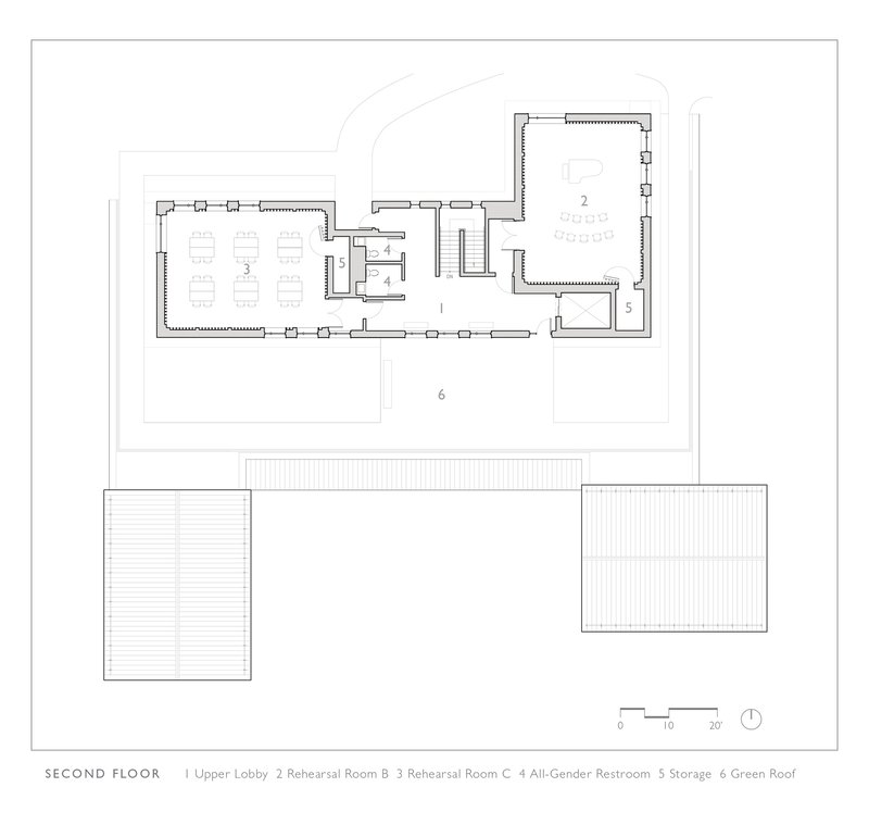 Second floor plan drawing showing upper lobby, two rehearsal rooms, and green roof adjacent to main volumes