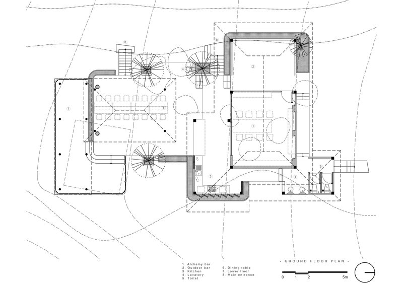 Ground floor plan drawing showing clustered pavilion volumes with spiral stairs and outdoor terraces