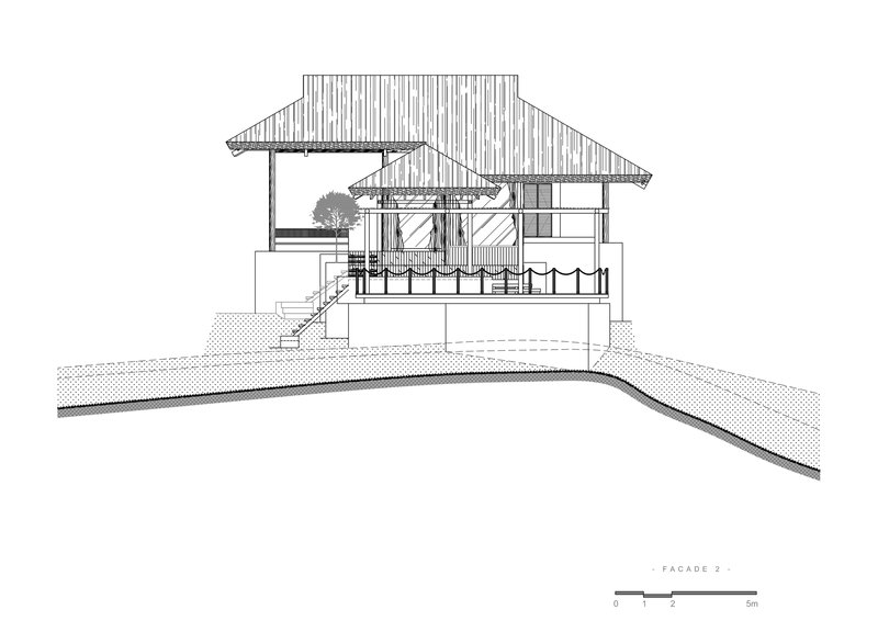 Elevation drawing showing a single pavilion with open terrace and gabled roof on contoured terrain