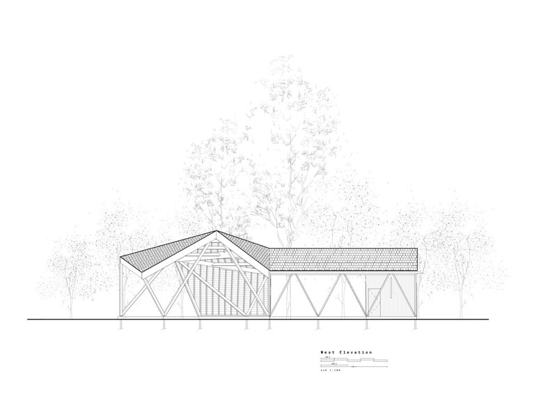 Elevation drawing depicting angled pavilion structure with vertical slatted wall behind trees