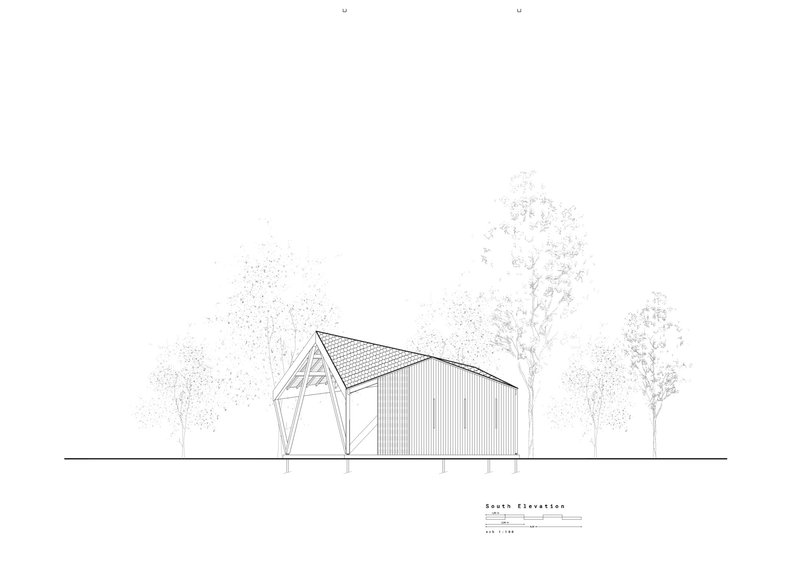 South elevation drawing showing the angular gabled volume with diagonal bracing and surrounding trees