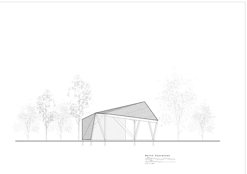 North elevation drawing depicting the peaked roof structure with exposed triangular framework and vegetation