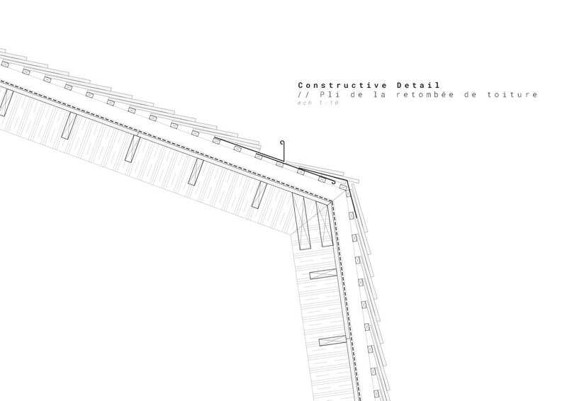 Constructive detail drawing of the angled roof ridge assembly with cladding and structural layers