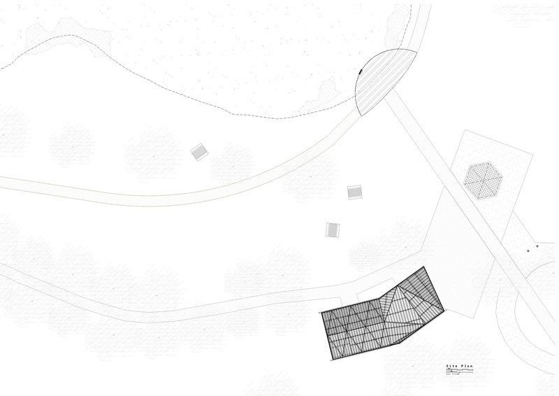 Site plan drawing showing pavilion positioned within curved pathways and scattered landscape elements