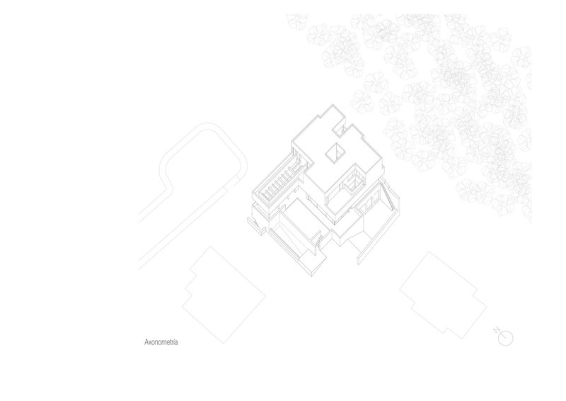 Axonometric drawing showing interior room arrangement with central stair and surrounding tree canopy