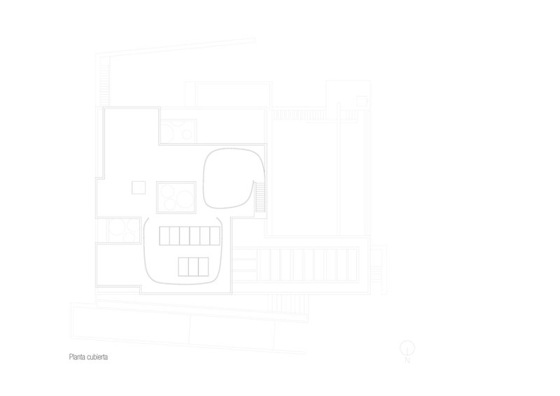 Roof plan drawing showing curved interior volumes and exterior terrace with stair