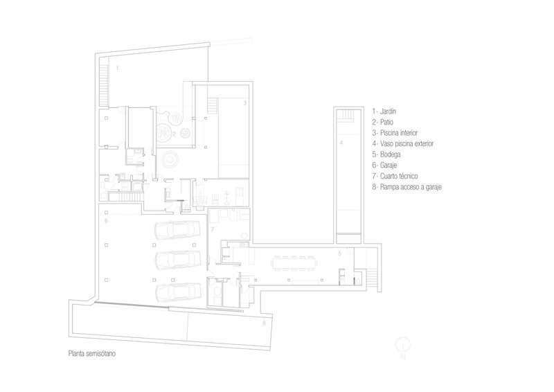 Basement floor plan drawing showing garage with three parking spaces and pool area with courtyard