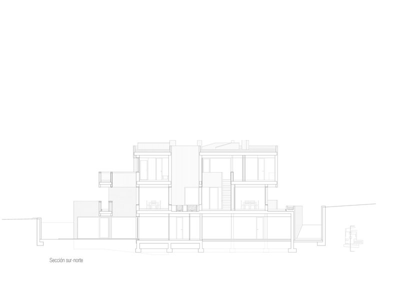 Section drawing through the residence showing three levels of interior spaces and roof terraces