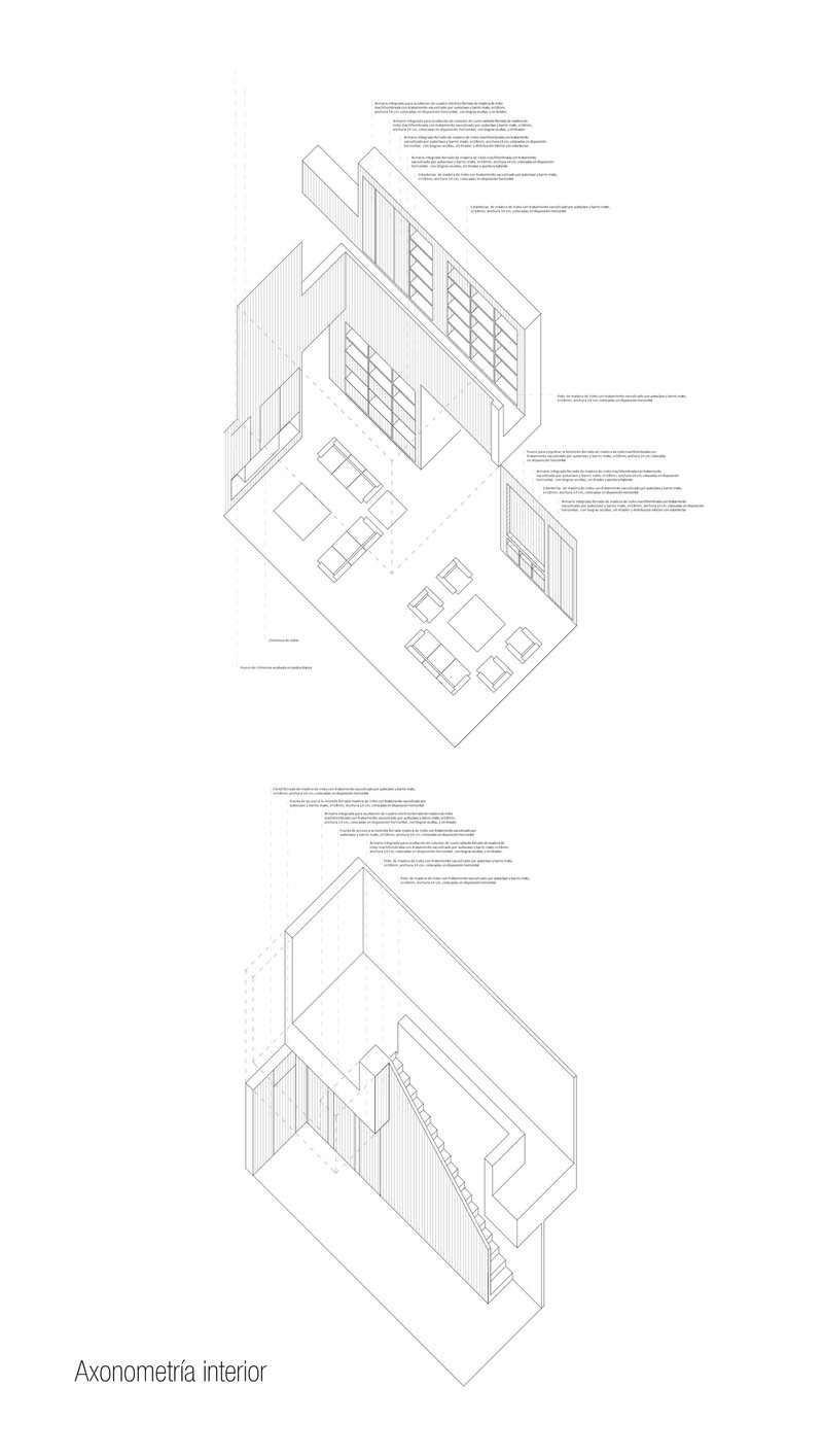 Axonometric drawing showing interior spaces with dining area, glazed partitions, and staircase connections between levels