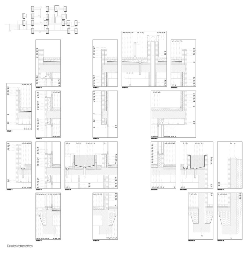 Construction detail drawings showing wall sections, floor assemblies, and material layer compositions with annotations