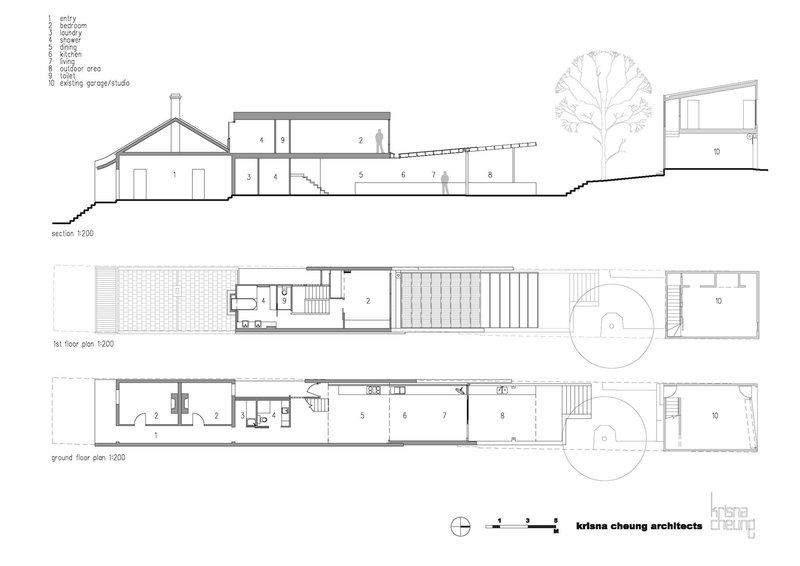 Elevation drawing and floor plans showing a sloping site with a tree and attached volumes