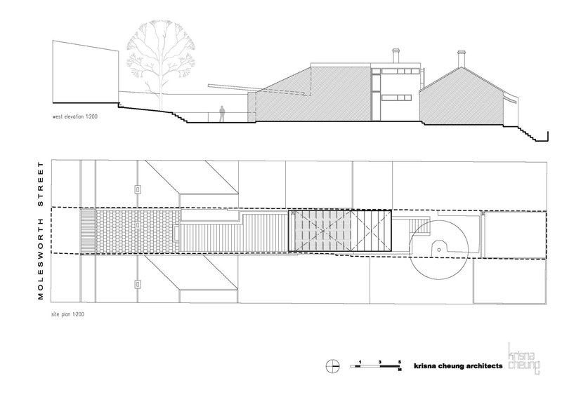 West elevation and site plan drawing showing the roof profile and street frontage