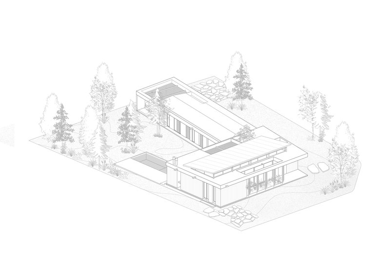 Axonometric drawing showing interlocking flat-roofed volumes with courtyards surrounded by conifer trees