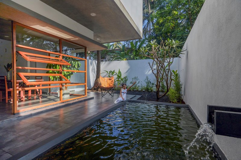 Courtyard water feature with timber deck and horizontal louvered screen beside planted greenery