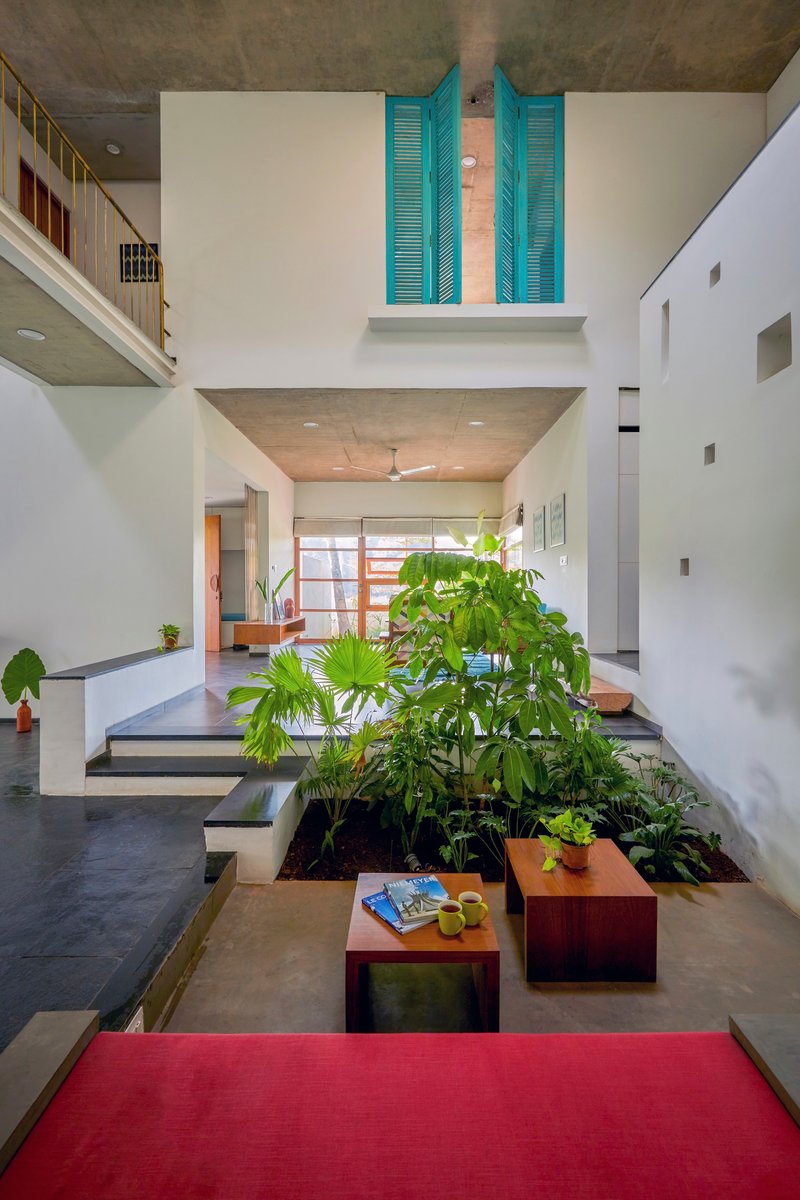 Split-level living area with sunken planted bed, timber furnishings and turquoise shutters above