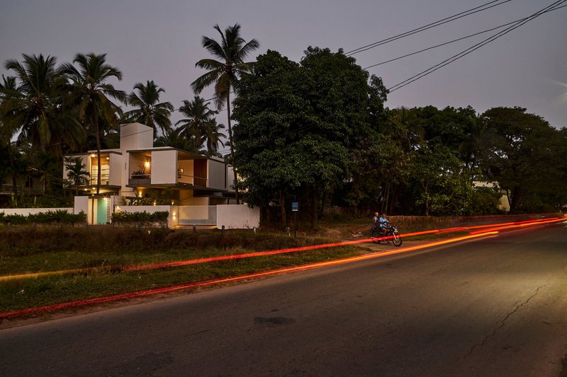 Long exposure view from the road at twilight capturing vehicle light trails and palms