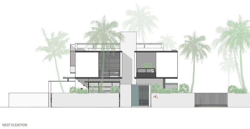West elevation drawing depicting stacked volumes with balconies and palm trees in the background