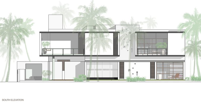 South elevation drawing showing the two-story residence with terraces and palm tree silhouettes