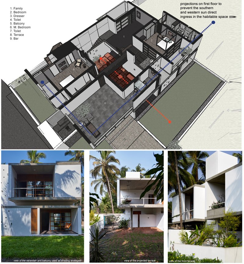 Axonometric cutaway revealing the interior layout with photographs of exterior facades under palm trees below